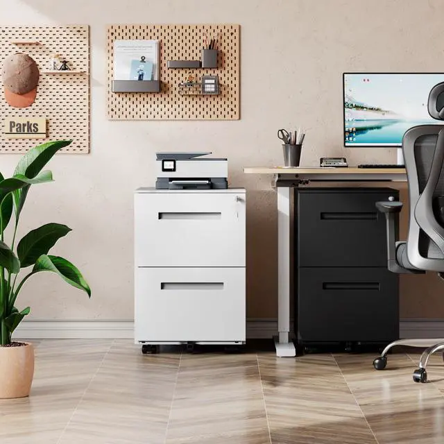 Alt view image 2 of 7 - 2 Drawer Metal File Cabinet with Lock, Fully Assembled | Mobile Filing Cabinet Under Desk for Home Office, Printer Stand fits Letter/Legal/A4 Size, White