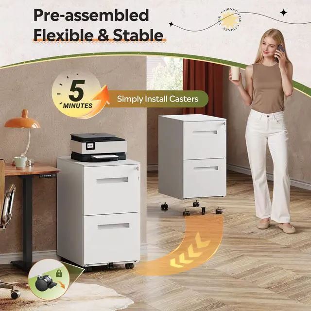 Alt view image 6 of 7 - 2 Drawer Metal File Cabinet with Lock, Fully Assembled | Mobile Filing Cabinet Under Desk for Home Office, Printer Stand fits Letter/Legal/A4 Size, White