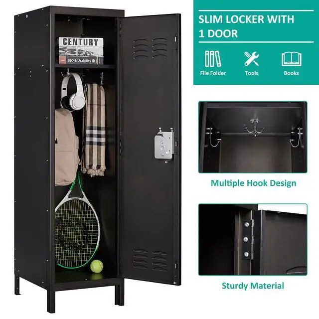 Alt view image 6 of 6 - Vintage Metal Locker with Hooks,Lockable 1 Door Storage Locker,Retro Black Single Lockers for Employees,Steel Locker for Home, Office,Gym,Old School Lockers Storage