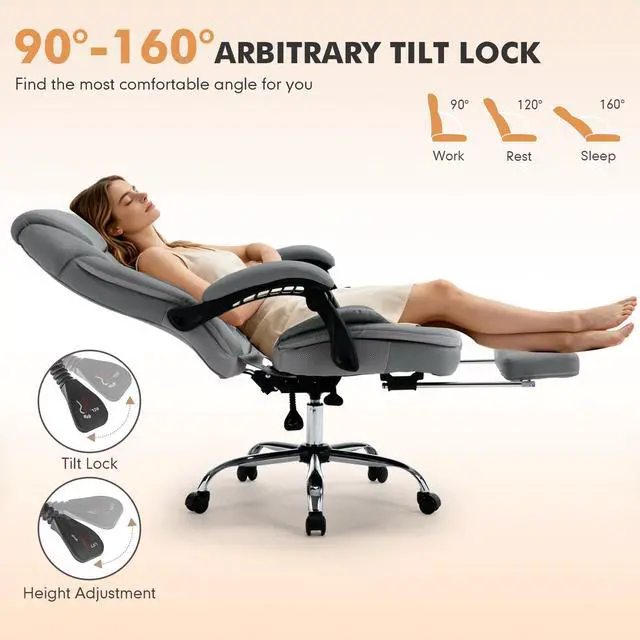 Alt view image 3 of 7 - Comfortable Reclining Office Desk Chair with Foot Leg Rest Support Grey | Big Tall Computer Gaming Chair, Adjustable Lumbar Back Support, Wide Seat, Heavy Duty, Wheels, Faux Leather