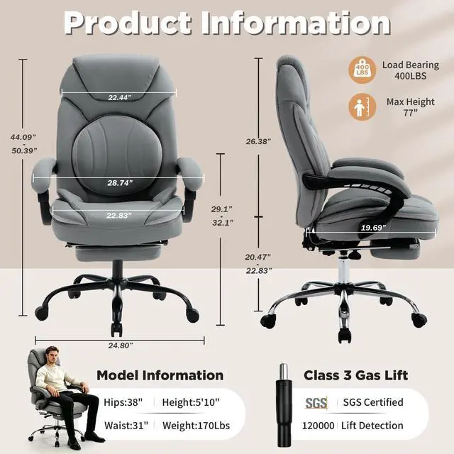 Alt view image 2 of 7 - Comfortable Reclining Office Desk Chair with Foot Leg Rest Support Grey | Big Tall Computer Gaming Chair, Adjustable Lumbar Back Support, Wide Seat, Heavy Duty, Wheels, Faux Leather