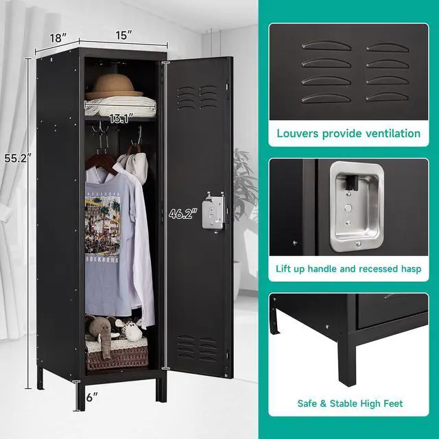 Alt view image 5 of 6 - Vintage Metal Locker with Hooks,Lockable 1 Door Storage Locker,Retro Black Single Lockers for Employees,Steel Locker for Home, Office,Gym,Old School Lockers Storage
