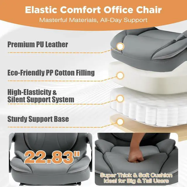 Alt view image 4 of 7 - Comfortable Reclining Office Desk Chair with Foot Leg Rest Support Grey | Big Tall Computer Gaming Chair, Adjustable Lumbar Back Support, Wide Seat, Heavy Duty, Wheels, Faux Leather