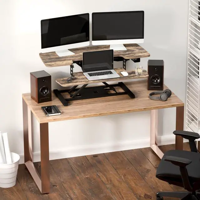 Alt view image 2 of 7 - 40 inch Electric Motor Desk Converter, Sit to Stand Monitor and Laptop Workstation, Height Adjustable Riser with Wide Keyboard Tray, Rustic Color