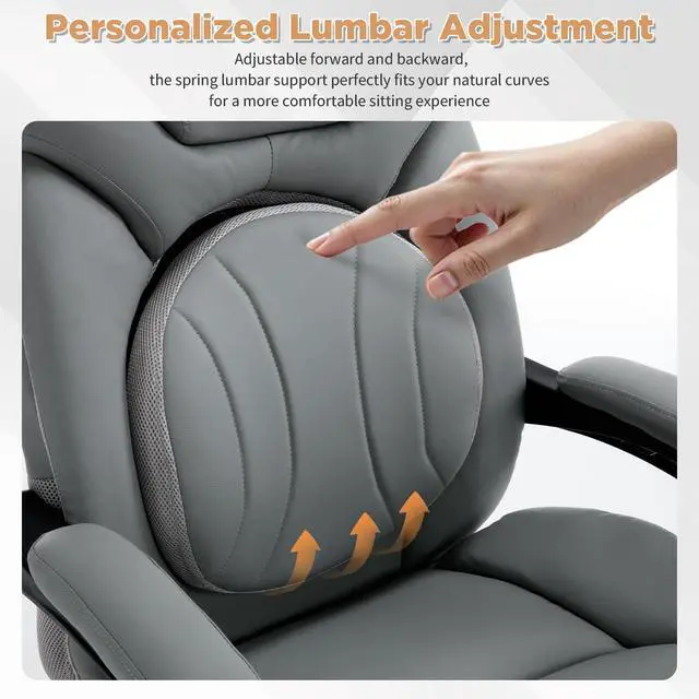Alt view image 5 of 7 - Comfortable Reclining Office Desk Chair with Foot Leg Rest Support Grey | Big Tall Computer Gaming Chair, Adjustable Lumbar Back Support, Wide Seat, Heavy Duty, Wheels, Faux Leather