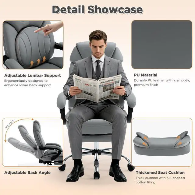 Alt view image 6 of 7 - Comfortable Reclining Office Desk Chair with Foot Leg Rest Support Grey | Big Tall Computer Gaming Chair, Adjustable Lumbar Back Support, Wide Seat, Heavy Duty, Wheels, Faux Leather