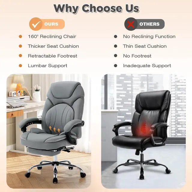 Alt view image 7 of 7 - Comfortable Reclining Office Desk Chair with Foot Leg Rest Support Grey | Big Tall Computer Gaming Chair, Adjustable Lumbar Back Support, Wide Seat, Heavy Duty, Wheels, Faux Leather