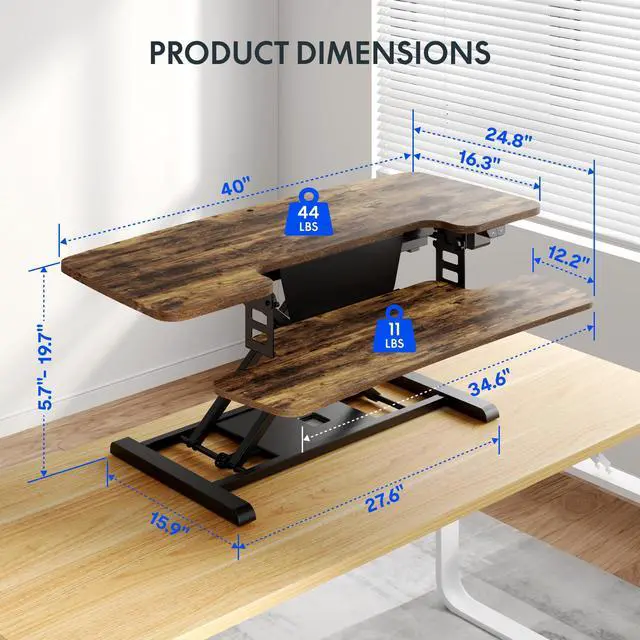 Alt view image 3 of 7 - 40 inch Electric Motor Desk Converter, Sit to Stand Monitor and Laptop Workstation, Height Adjustable Riser with Wide Keyboard Tray, Rustic Color