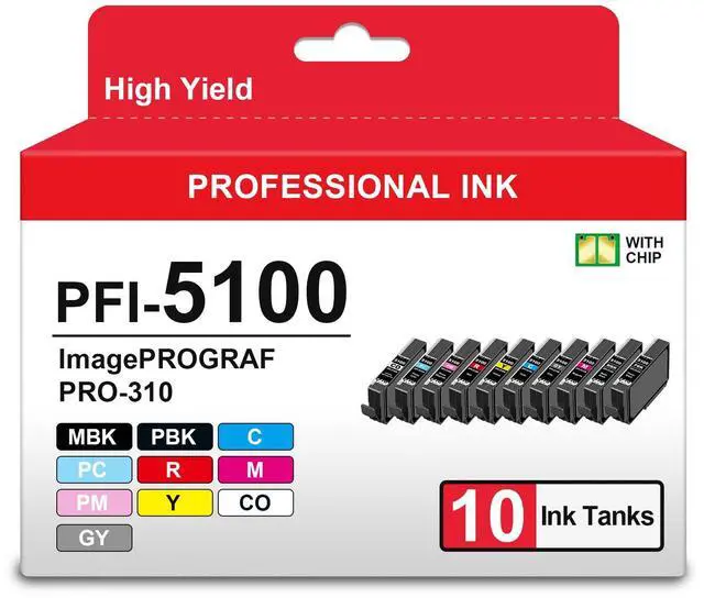 Main image of PRO310 PFI5100 Ink Cartridges High Yield Compatible for Canon PFI-5100 Ink | Replacement for Canon imagePROGRAF PRO-310 Printer,10 Color Pack Ink (MBK, PBK, C, M, Y, R, GY, PC, PM, CO)