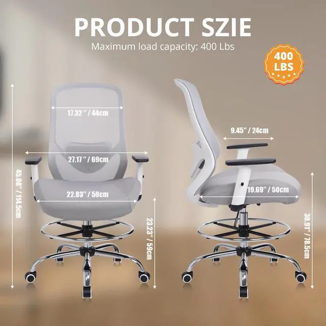 Alt view image 3 of 7 - Drafting Office Chair Big and Tall 450lbs Heavy Duty for Standing Desk | Ergonomic Mesh Chairs,Wider and Thicker Seat Cushion,Adjustable Lumbar Support& Armrest,for Home & Office Use, Grey