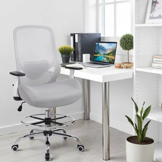 Alt view image 2 of 7 - Drafting Office Chair Big and Tall 450lbs Heavy Duty for Standing Desk | Ergonomic Mesh Chairs,Wider and Thicker Seat Cushion,Adjustable Lumbar Support& Armrest,for Home & Office Use, Grey