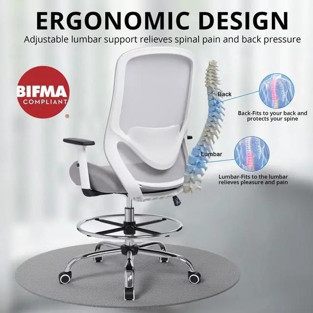 Alt view image 4 of 7 - Drafting Office Chair Big and Tall 450lbs Heavy Duty for Standing Desk | Ergonomic Mesh Chairs,Wider and Thicker Seat Cushion,Adjustable Lumbar Support& Armrest,for Home & Office Use, Grey
