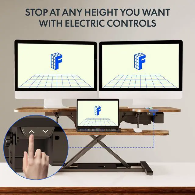 Alt view image 6 of 7 - 40 inch Electric Motor Desk Converter, Sit to Stand Monitor and Laptop Workstation, Height Adjustable Riser with Wide Keyboard Tray, Rustic Color