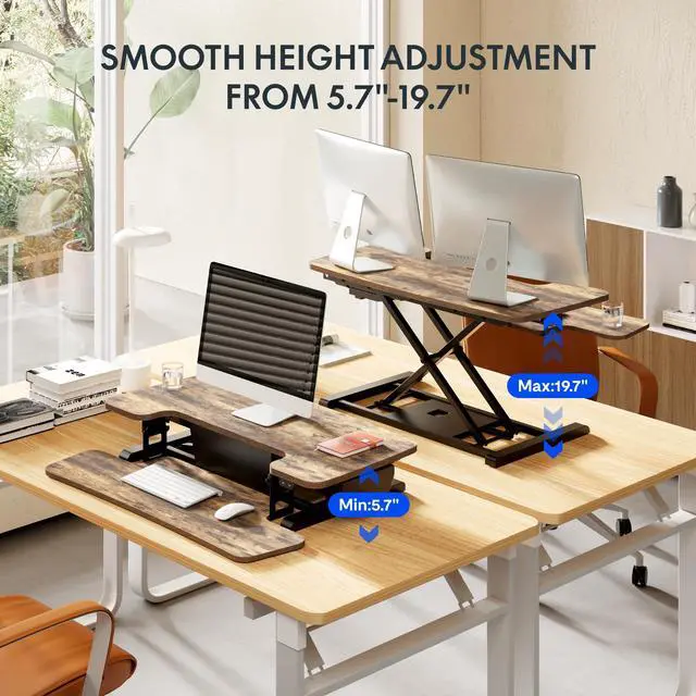 Alt view image 7 of 7 - 40 inch Electric Motor Desk Converter, Sit to Stand Monitor and Laptop Workstation, Height Adjustable Riser with Wide Keyboard Tray, Rustic Color