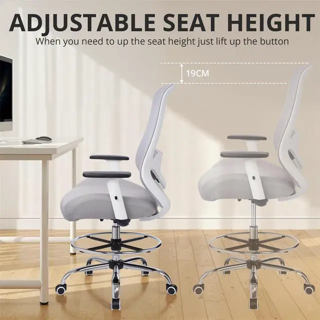 Alt view image 5 of 7 - Drafting Office Chair Big and Tall 450lbs Heavy Duty for Standing Desk | Ergonomic Mesh Chairs,Wider and Thicker Seat Cushion,Adjustable Lumbar Support& Armrest,for Home & Office Use, Grey