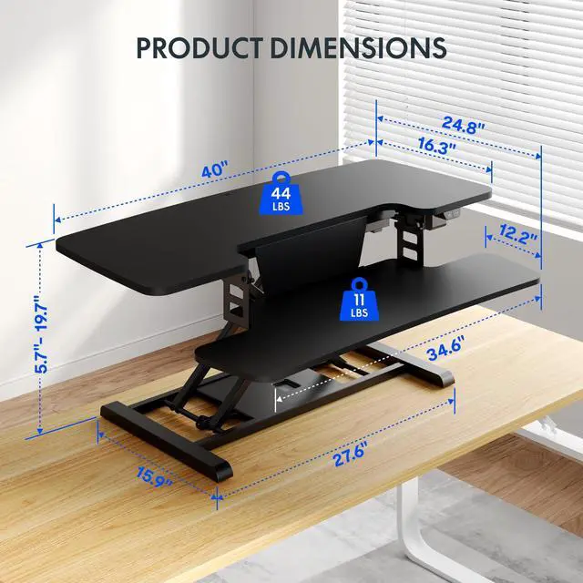 Alt view image 3 of 5 - 40" Electric Standing Desk Converter, Height Adjustable Riser, Sit to Stand Monitor and Laptop Workstation with Wide Keyboard Tray, Black