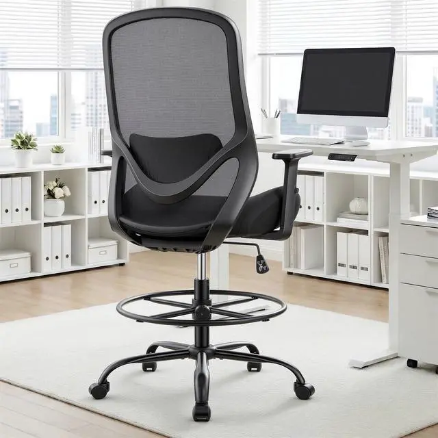 Alt view image 2 of 7 - Drafting Office Chair Big and Tall 450lbs Heavy Duty for Standing Desk | Ergonomic Mesh Chairs,Wider and Thicker Seat Cushion,Adjustable Lumbar Support& Armrest,for Home & Office Use, Black