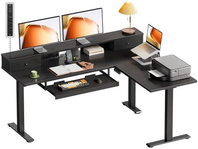 Main image of 59 Inch L Shaped Electric Standing Desk with Drawers, Black | Monitor Stand, Keyboard Tray, Fabric Drawer, Power Outlets, Height Adjustable Corner Stand Up Desk for Organized Home Office