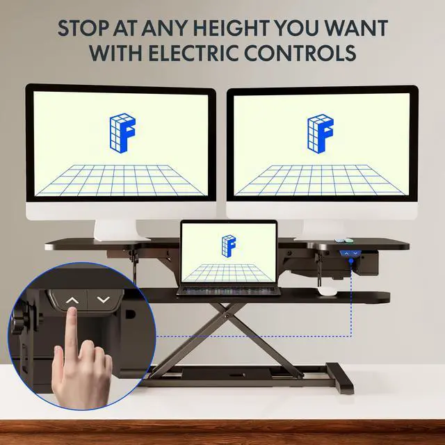 Alt view image 4 of 5 - 40" Electric Standing Desk Converter, Height Adjustable Riser, Sit to Stand Monitor and Laptop Workstation with Wide Keyboard Tray, Black