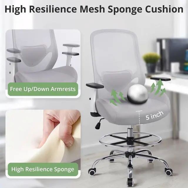 Alt view image 7 of 7 - Drafting Office Chair Big and Tall 450lbs Heavy Duty for Standing Desk | Ergonomic Mesh Chairs,Wider and Thicker Seat Cushion,Adjustable Lumbar Support& Armrest,for Home & Office Use, Grey