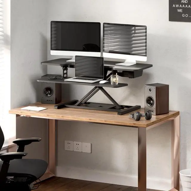 Alt view image 2 of 5 - 40" Electric Standing Desk Converter, Height Adjustable Riser, Sit to Stand Monitor and Laptop Workstation with Wide Keyboard Tray, Black
