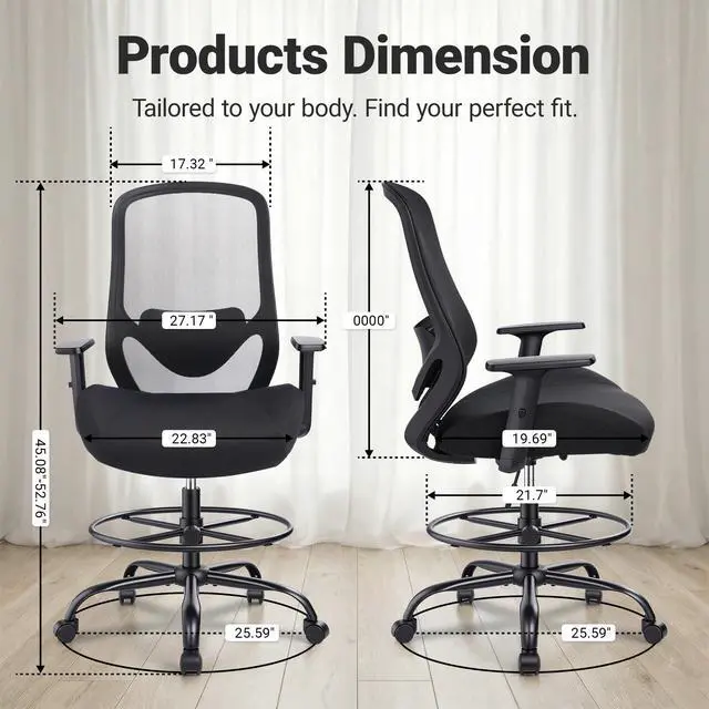 Alt view image 3 of 7 - Drafting Office Chair Big and Tall 450lbs Heavy Duty for Standing Desk | Ergonomic Mesh Chairs,Wider and Thicker Seat Cushion,Adjustable Lumbar Support& Armrest,for Home & Office Use, Black