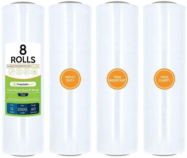 Main image of PSBM Cast Hand Stretch Wrap Plastic Shrink Film 12" x 2000' 60 GA 8 Rolls | Heavy Duty up to 800% Ultimate Stretch Clear Plastic Wrap Industrial Strength Shrink Film for Moving, Packing & Shipping