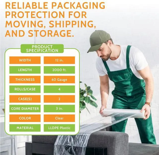 Alt view image 3 of 7 - PSBM Cast Hand Stretch Wrap Plastic Shrink Film 12" x 2000' 60 GA 8 Rolls | Heavy Duty up to 800% Ultimate Stretch Clear Plastic Wrap Industrial Strength Shrink Film for Moving, Packing & Shipping