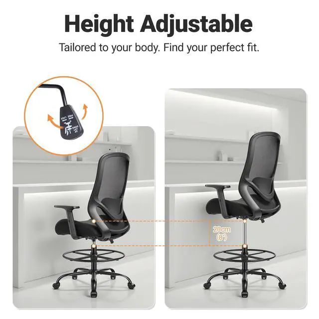 Alt view image 6 of 7 - Drafting Office Chair Big and Tall 450lbs Heavy Duty for Standing Desk | Ergonomic Mesh Chairs,Wider and Thicker Seat Cushion,Adjustable Lumbar Support& Armrest,for Home & Office Use, Black