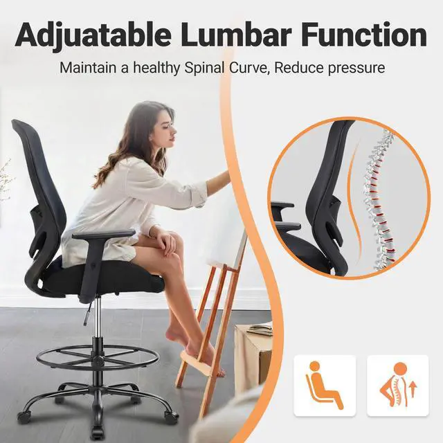 Alt view image 7 of 7 - Drafting Office Chair Big and Tall 450lbs Heavy Duty for Standing Desk | Ergonomic Mesh Chairs,Wider and Thicker Seat Cushion,Adjustable Lumbar Support& Armrest,for Home & Office Use, Black