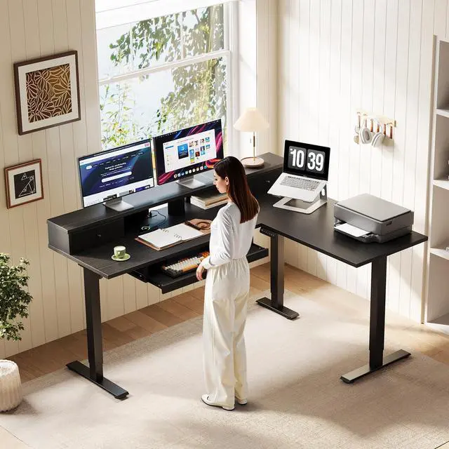 Alt view image 2 of 7 - 59 Inch L Shaped Electric Standing Desk with Drawers, Black | Monitor Stand, Keyboard Tray, Fabric Drawer, Power Outlets, Height Adjustable Corner Stand Up Desk for Organized Home Office