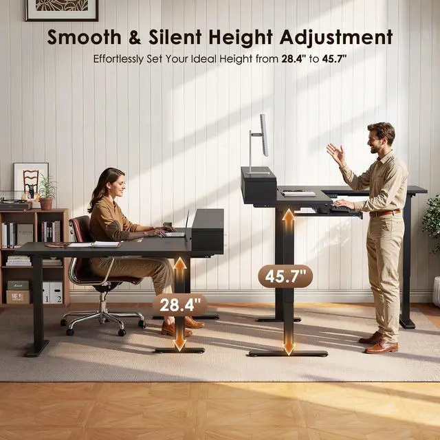 Alt view image 4 of 7 - 59 Inch L Shaped Electric Standing Desk with Drawers, Black | Monitor Stand, Keyboard Tray, Fabric Drawer, Power Outlets, Height Adjustable Corner Stand Up Desk for Organized Home Office
