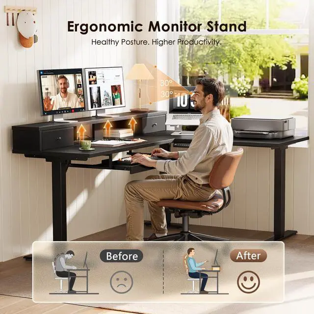 Alt view image 5 of 7 - 59 Inch L Shaped Electric Standing Desk with Drawers, Black | Monitor Stand, Keyboard Tray, Fabric Drawer, Power Outlets, Height Adjustable Corner Stand Up Desk for Organized Home Office