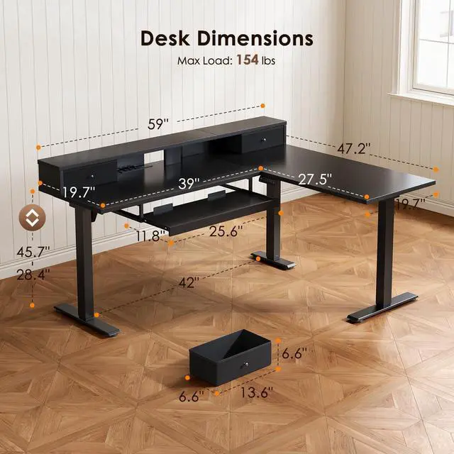 Alt view image 3 of 7 - 59 Inch L Shaped Electric Standing Desk with Drawers, Black | Monitor Stand, Keyboard Tray, Fabric Drawer, Power Outlets, Height Adjustable Corner Stand Up Desk for Organized Home Office