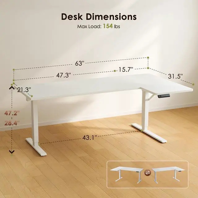 Alt view image 3 of 7 - 63 Inch Reversible L Shaped Electric Standing Desk, White | Corner Height Adjustable Computer Table, Stand Up Desk with 3 Memory Presets, Reinforced Frame for Home Office, Workstation