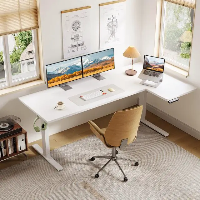 Alt view image 2 of 7 - 63 Inch Reversible L Shaped Electric Standing Desk, White | Corner Height Adjustable Computer Table, Stand Up Desk with 3 Memory Presets, Reinforced Frame for Home Office, Workstation