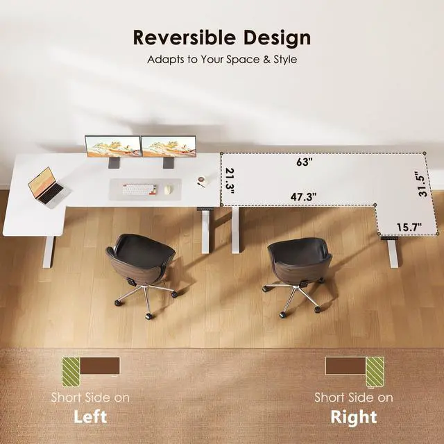 Alt view image 5 of 7 - 63 Inch Reversible L Shaped Electric Standing Desk, White | Corner Height Adjustable Computer Table, Stand Up Desk with 3 Memory Presets, Reinforced Frame for Home Office, Workstation