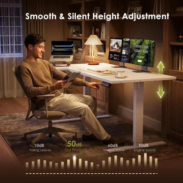 Alt view image 6 of 7 - 55 Inch Reversible L Shaped Electric Standing Desk, White | Corner Height Adjustable Computer Table, Stand Up Desk with 3 Memory Presets, Reinforced Frame for Home Office, Workstation