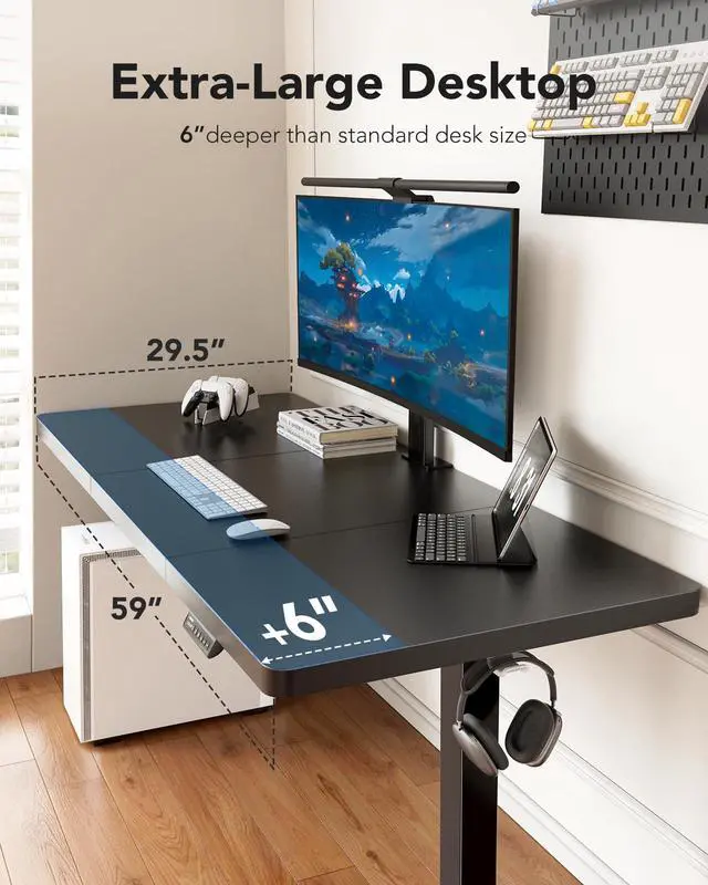 Alt view image 4 of 7 - 60 x 30 Inch Large Electric Standing Desk, Brushless Motor, Black | 30 Inch Deep Desktop, 220 lb Capacity, 4 Memory Presets, Cable Tray, Dual Hooks, Height 27.946.5 Inch; Ships In 2 Packages