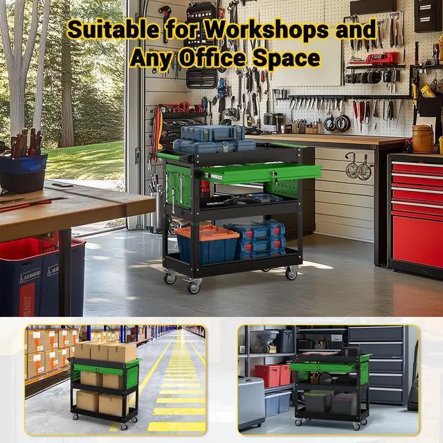Alt view image 5 of 5 - 3 Tier Rolling Tool Cart on Wheels, 550 LBS Tool Cart with DrawersHeavy Duty Utility Cart with Pegboard and HooksMechanic Tool Storage Cart for Garage, Warehouse (Black-Green)