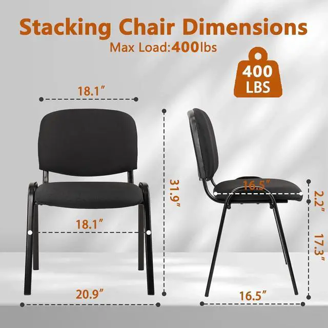Alt view image 3 of 6 - Stackable Waiting Room Chairs, Cloth Fabric Guest Reception Chair with Upholstered Thickene Seat and Back Support, Stacking Chair Metal Leg for Office School Church Conference Room, Black
