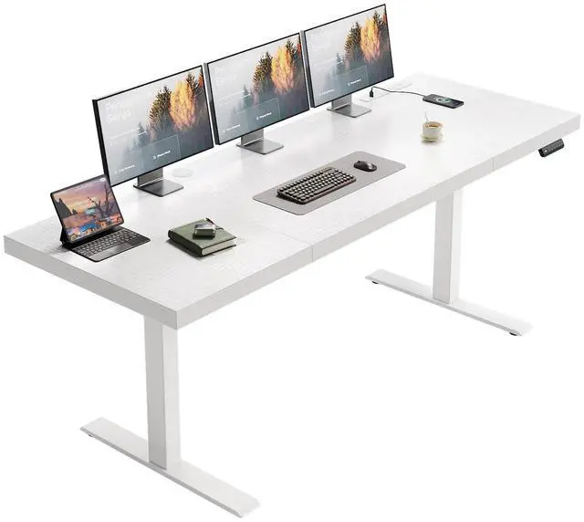 Main image of 71 Inch Executive Electric Standing Desk Height Adjustable, White | 1.38" Thick 3-Panel Desktop, Power Outlets, 3 Memory Presets, Dual-Beam Frame for Home Office, Workstation, Conference Room