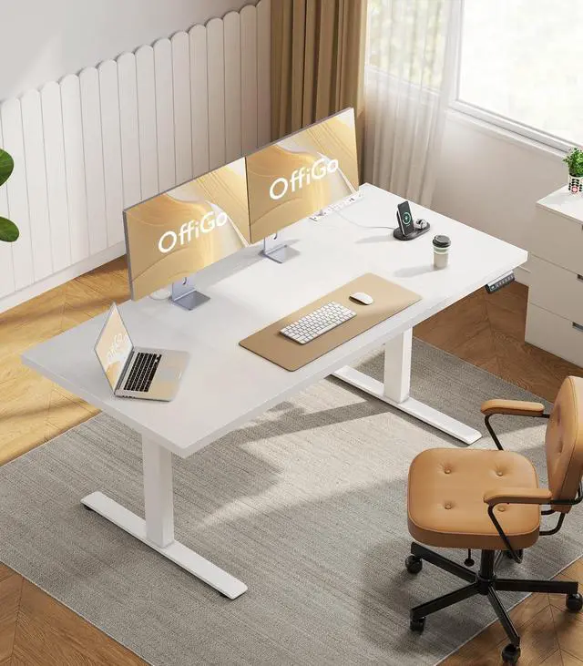 Alt view image 2 of 7 - 71 Inch Executive Electric Standing Desk Height Adjustable, White | 1.38" Thick 3-Panel Desktop, Power Outlets, 3 Memory Presets, Dual-Beam Frame for Home Office, Workstation, Conference Room