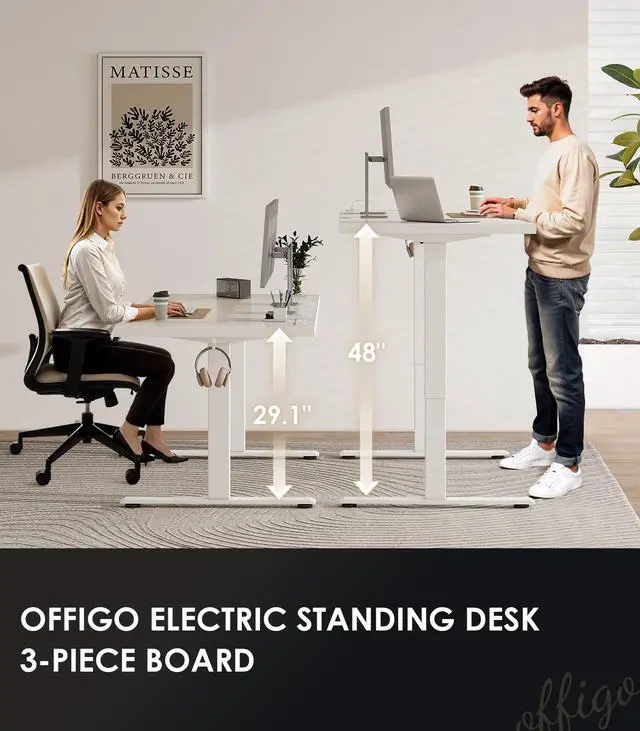 Alt view image 3 of 7 - 79 Inch Executive Electric Standing Desk Height Adjustable, White | 1.38" Thick 3-Panel Desktop, Power Outlets, 3 Memory Presets, Dual-Beam Frame for Home Office, Workstation, Conference Room
