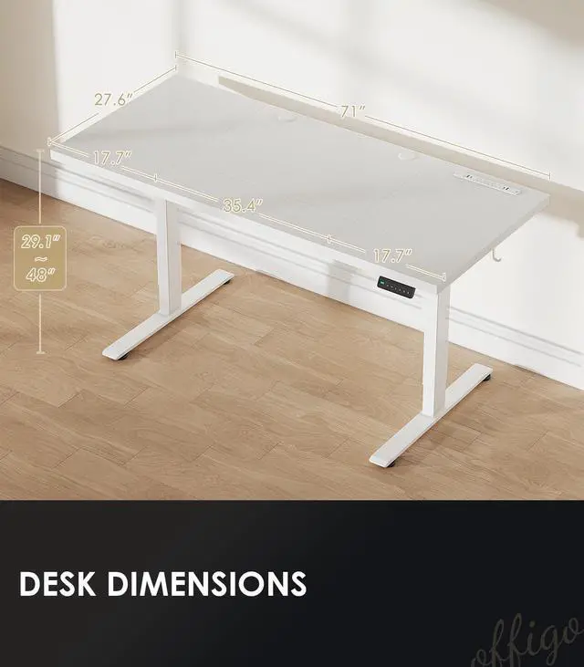 Alt view image 4 of 7 - 71 Inch Executive Electric Standing Desk Height Adjustable, White | 1.38" Thick 3-Panel Desktop, Power Outlets, 3 Memory Presets, Dual-Beam Frame for Home Office, Workstation, Conference Room