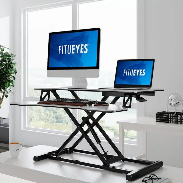 Alt view image 2 of 6 - Height Adjustable Standing Desk 32 Wide Sit to Stand Converter | Standing Desk Converter,Stand Up Desk Riser,for Dual Monitor Riser,Tabletop Workstation for Home Office,Easy Assembly
