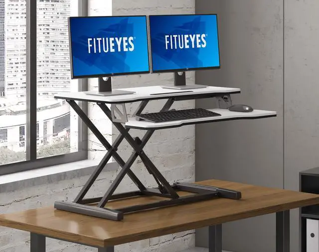 Alt view image 6 of 6 - Height Adjustable Standing Desk 32 Wide Sit to Stand Converter | Standing Desk Converter,Stand Up Desk Riser,for Dual Monitor Riser,Tabletop Workstation for Home Office,Easy Assembly