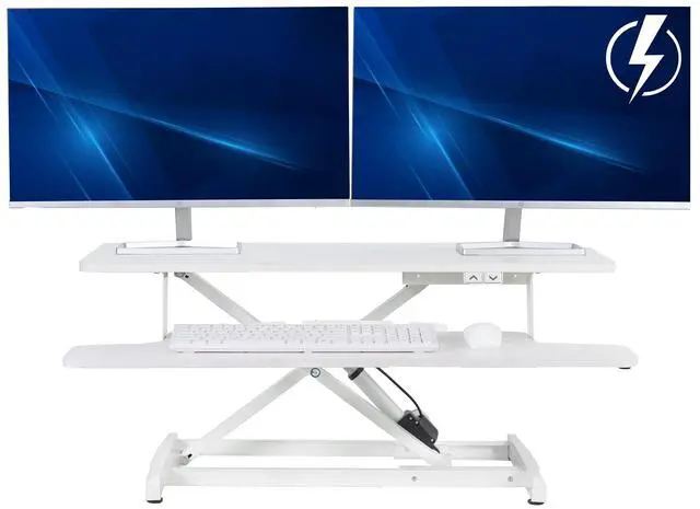Main image of White 36 inch Electric Desk Converter, DESK-VE36W | Height Adjustable, Stand Up Desk Riser, Wide Keyboard Tray, Dual Monitor and Laptop Workstation