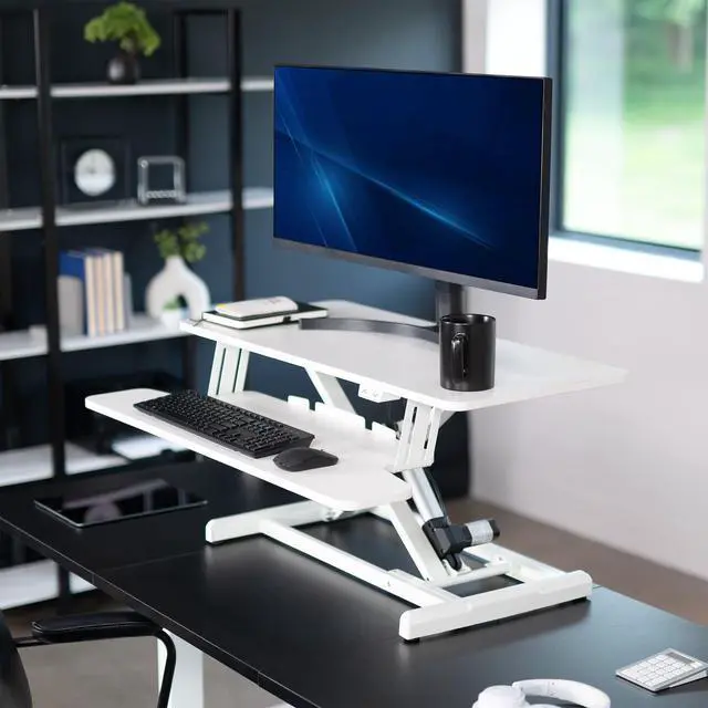 Alt view image 2 of 7 - White 36 inch Electric Desk Converter, DESK-VE36W | Height Adjustable, Stand Up Desk Riser, Wide Keyboard Tray, Dual Monitor and Laptop Workstation