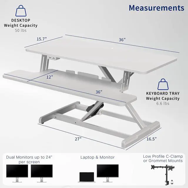 Alt view image 3 of 7 - White 36 inch Electric Desk Converter, DESK-VE36W | Height Adjustable, Stand Up Desk Riser, Wide Keyboard Tray, Dual Monitor and Laptop Workstation
